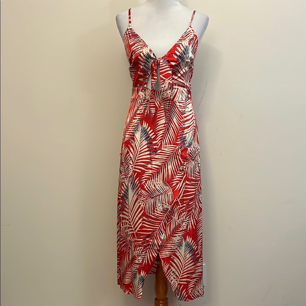 Red Tropical Print Tie-Front Maxi Dress